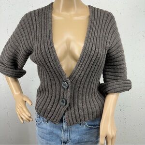 Hekla & Co. Size Small Brown Wool Blend Deep Plunge Crop Cardigan Sweater